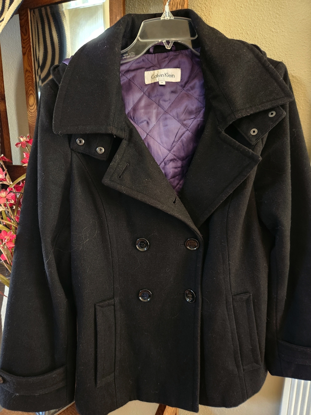 Calvin Klein Black Pea Coat with Purple Quilted Lining